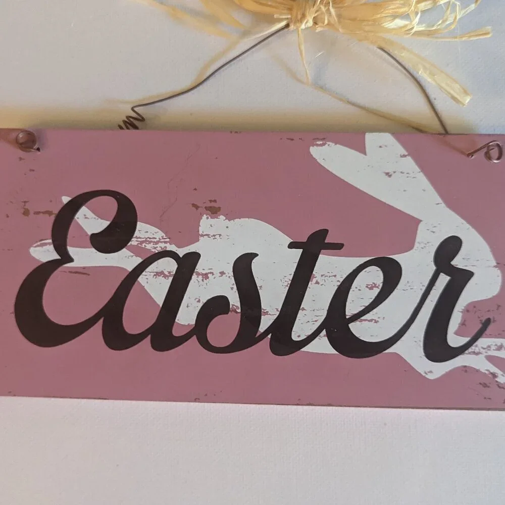 NWT Rustic Pink Easter Bunny Sign Farmhouse Spring Home Decor Rabbit Raffia Wood